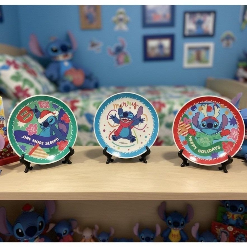 Disney Lilo & Stitch Christmas Plates, Set of 3, Ceramic Holiday Decor W/ Stands